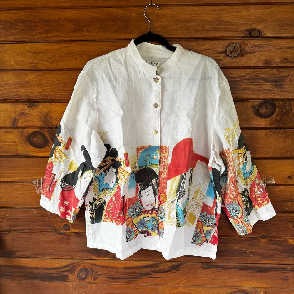 CITRON SANTA MONICA | Art to Wear Geisha Asian Print Linen Blouse Top Size XL